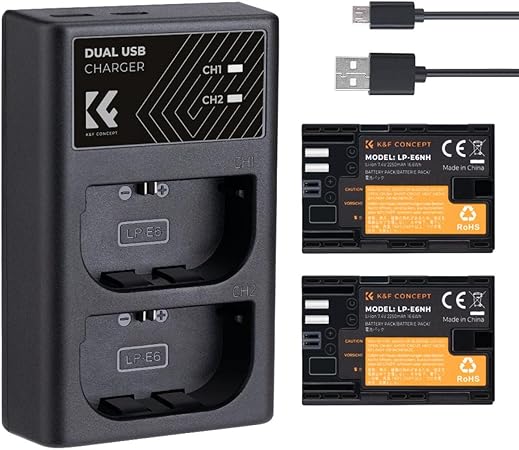 K&F Concept LP-E6NH Battery Replacement Battery for Canon LP-E6N w/Smart Dual Type-C Travel Charger for DSLR Mirrorless EOS R RP R5 R6 R1 6D 7D 5D Mark II II III IV (2 Batt. +Charger) 1YR WARRANTY