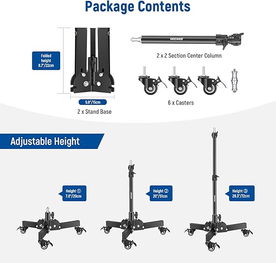 2 Heavy Duty Light Stands with Wheels, 2.4 Feet Height