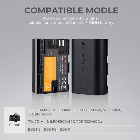 K&F Concept LP-E6NH Battery Replacement Battery for Canon LP-E6N w/Smart Dual Type-C Travel Charger for DSLR Mirrorless EOS R RP R5 R6 R1 6D 7D 5D Mark II II III IV (2 Batt. +Charger) 1YR WARRANTY