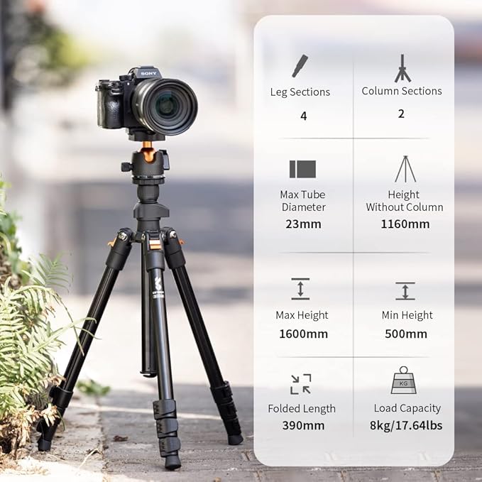 K&F Concept 62.99 Inch Camera and Phone Aluminum Travel Tripod with 360 Degree Panorama Ball Head