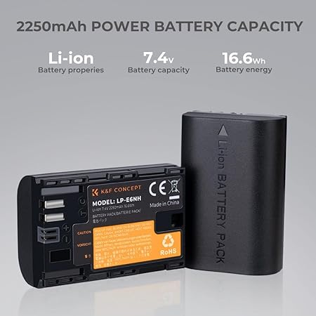 K&F Concept LP-E6NH Battery Replacement Battery for Canon LP-E6N w/Smart Dual Type-C Travel Charger for DSLR Mirrorless EOS R RP R5 R6 R1 6D 7D 5D Mark II II III IV (2 Batt. +Charger) 1YR WARRANTY