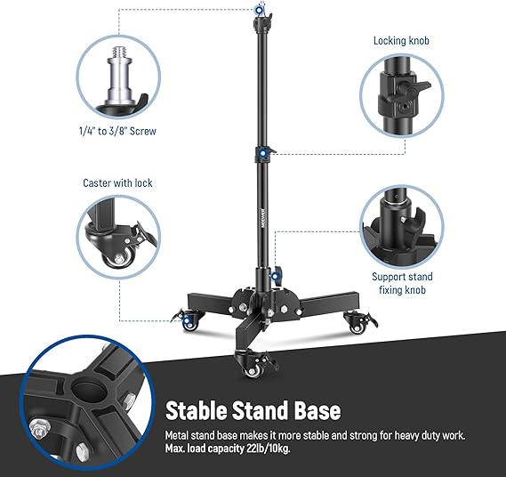 2 Heavy Duty Light Stands with Wheels, 2.4 Feet Height