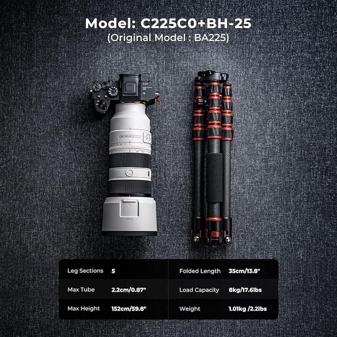 K&F Concept 60 inch Carbon Fiber Camera Tripod,Lightweight Compact Tripod with 360 Degree Ball Head,Quick Release Plate,Detachable Monopod 8KG Load Capacity for SLR DSLR C225C0+BH-25 (BA225)