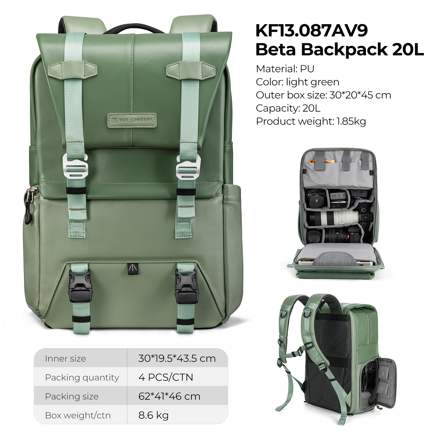 Camera Backpack Camera Bags for Photographers Large Capacity Camera Case with Raincover 15-15.6 Inch Laptop Compartment Backpack 20L Urban Wander 01 (Light green)