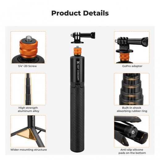 K&F Invisible Selfie Stick, Extension Long Pole(120cm)for Insta360 Camera GoPro DJI Action, 1/4