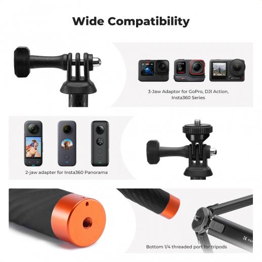 K&F Carbon fiber Invisible Selfie Stick, Extension Long Pole(127cm for Insta360 Sports Camera GoPro DJI Action, 1/4