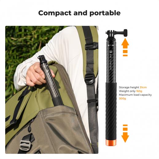 K&F Carbon fiber Invisible Selfie Stick, Extension Long Pole(127cm for Insta360 Sports Camera GoPro DJI Action, 1/4