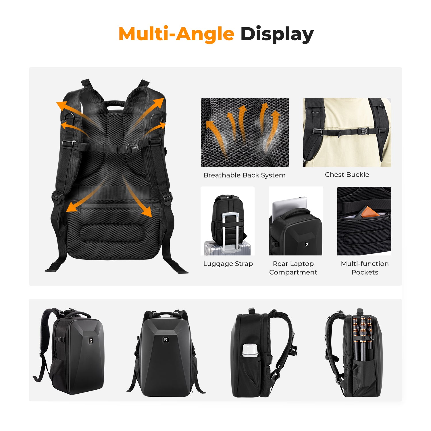 K&F Camera Backpack Hardshell Photography Camera Bag with 15.6 Inch Laptop Compartment Backpack 22L Nature Wander 10 (Black)