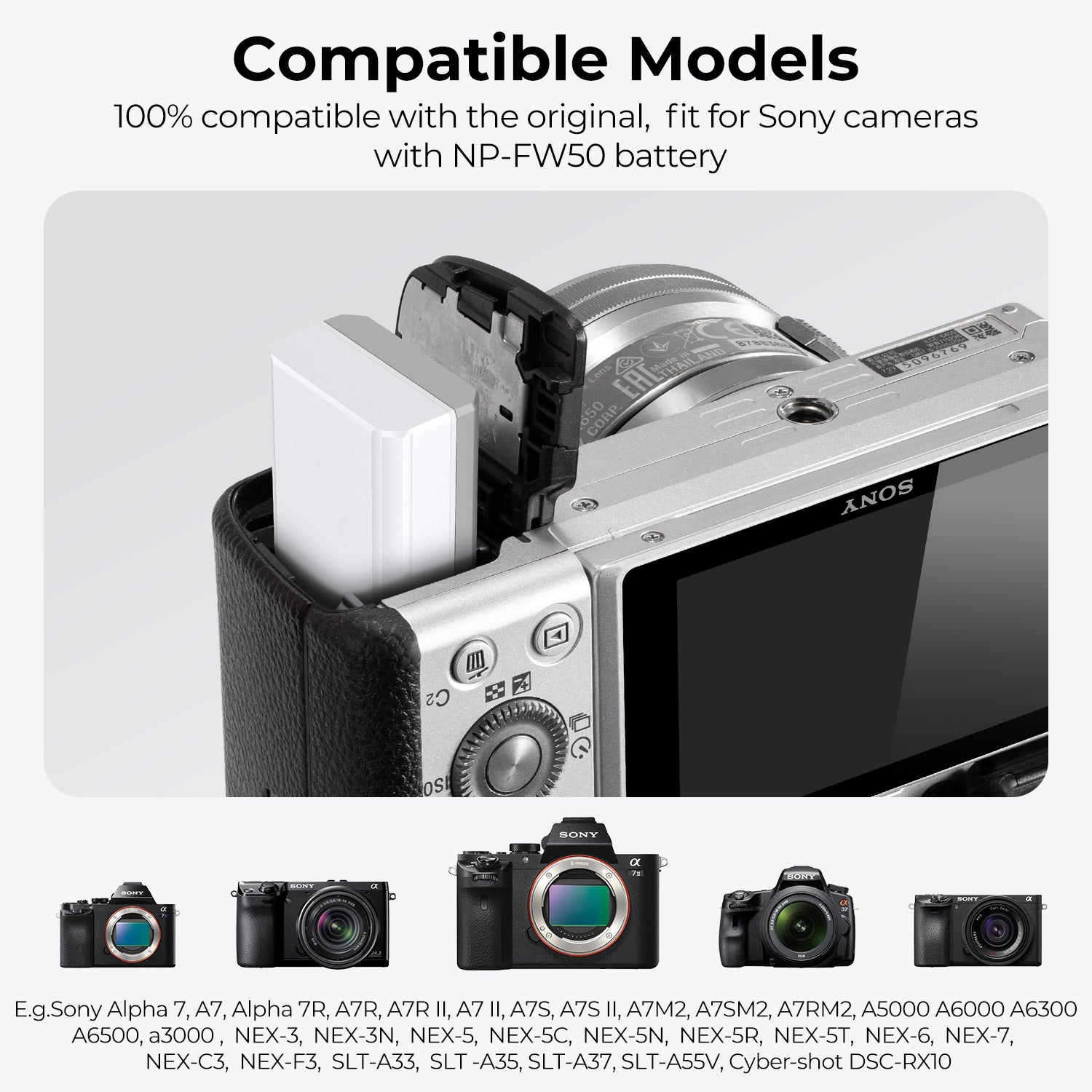 NP-FW50 Battery with Type-C Fast Charging for Sony ZV-E10, Alpha 7, A7, A7II, A7RII, A7SII, A7S, A7S2, A7R, A7R2, A5000, A6400, A6500, A6300, A6000, NEX-3, NEX-5, 1100mAh