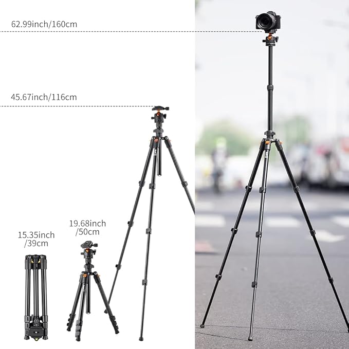 K&F Concept 62.99 Inch Camera and Phone Aluminum Travel Tripod  with 360 Degree Panorama Ball Head