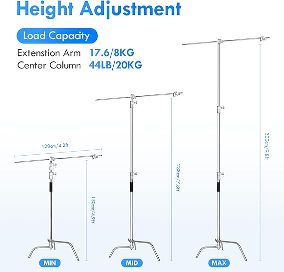 C Stand with Boom Arm, 10ft/300cm Adjustable Heavy Duty Light C stand