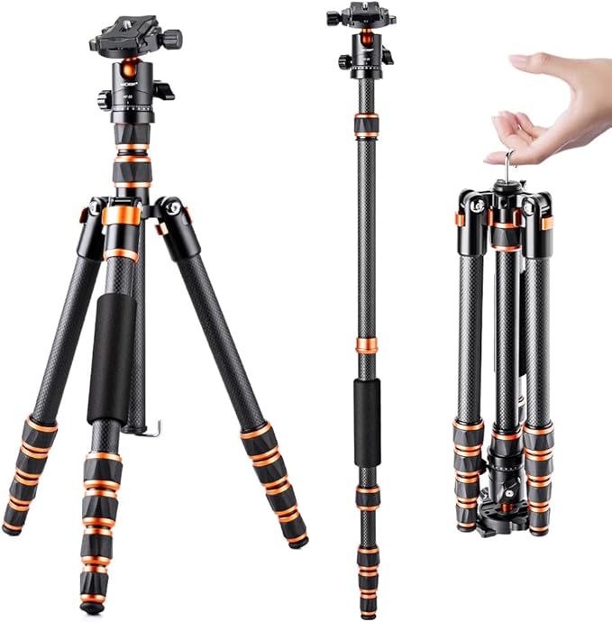 K&F Concept 60 inch Carbon Fiber Camera Tripod,Lightweight Compact Tripod with 360 Degree Ball Head,Quick Release Plate,Detachable Monopod 8KG Load Capacity for SLR DSLR C225C0+BH-25 (BA225)