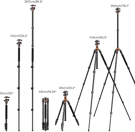 K&F Concept Compact Aluminum Camera Tripod with 360 Degree Ball Head and 8kgs Load for DSLR (78in)+ extension arm kit