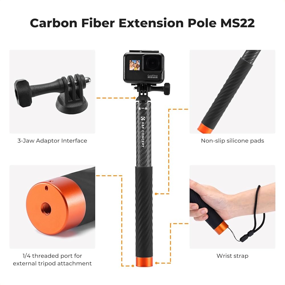 K&F Carbon fiber Invisible Selfie Stick, Extension  Long Pole（127cm for Insta360 Sports Camera GoPro DJI Action, 1/4