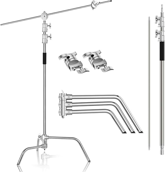 EMART Photography C Stand with Boom Arm, 10ft/300cm Adjustable Heavy Duty Light Cstand with 4.2ft/128cm Holding Arm, 2 Pieces Grip Head for Video Reflector, Moonlight, Softbox