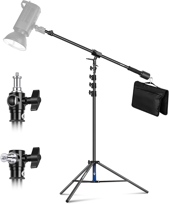 NEEWER Air Cushioned Aluminum Light Stand, 9.8ft/3m Adjustable Photography Stand with Boom Arm, Counterweight, Sandbag, 1/4