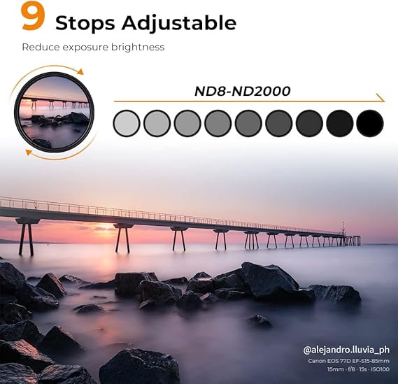 K&F Concept 72mm Variable Neutral Density Filter ND8-ND2000 (3-11stop) Hydrophobic Adjustable ND Filter with 24 Multi-Layer Coatings for Camera Lens