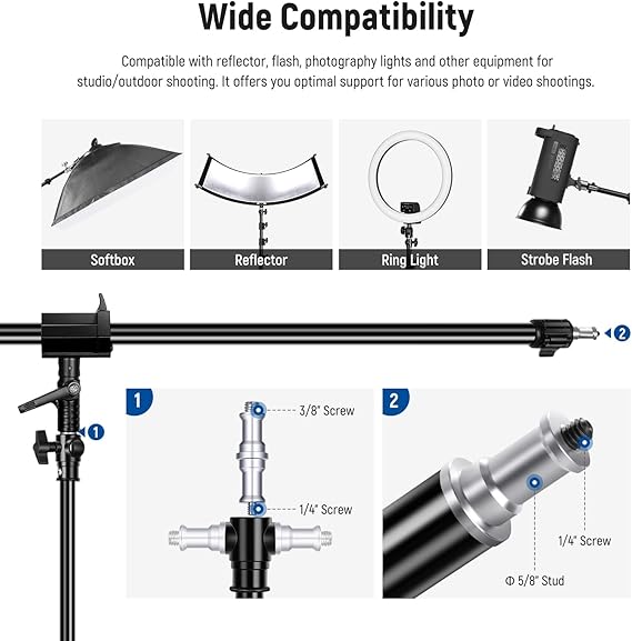 Aluminum Light Stand, 9.8ft/3m Adjustable Photography Stand with Boom Arm