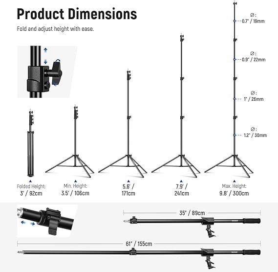 Aluminum Light Stand, 9.8ft/3m Adjustable Photography Stand with Boom Arm