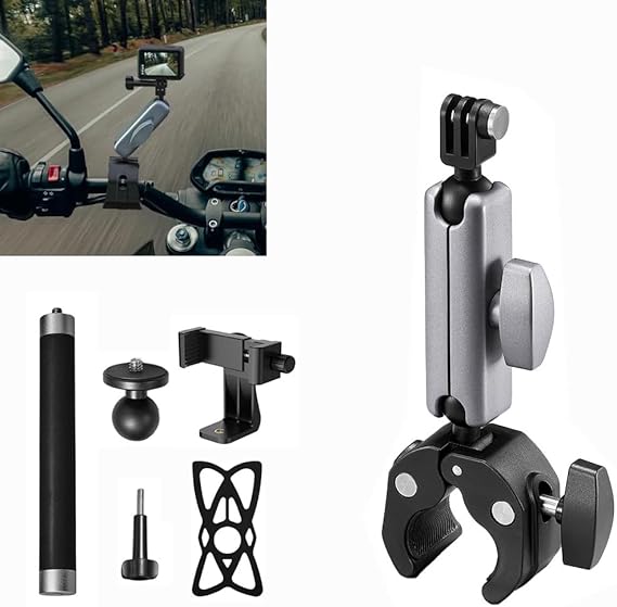 ROUSKI Motorcycle Bike Mount with Flexible 360 Ball Head 15cm Extension Pole Compatible with GoPro Hero 12/11/10/9/8/7/6/5 Black,DJI Osmo Action 3 and Most Action Cameras