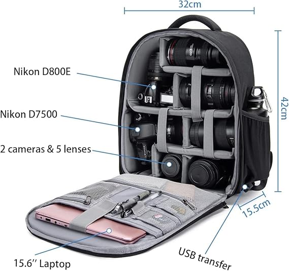 Caden Camera Backpack Professional DSLR Bag with USB Charging Port, unisex