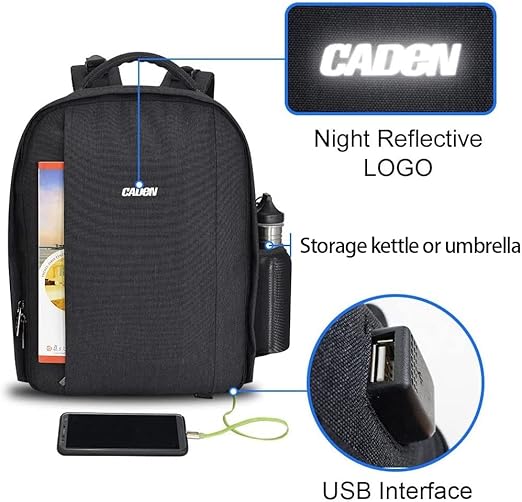 Caden Camera Backpack Professional DSLR Bag with USB Charging Port, unisex