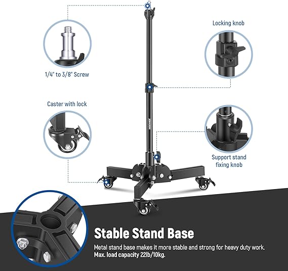 2 Heavy Duty Light Stands with Wheels, 2.4 Feet  Height