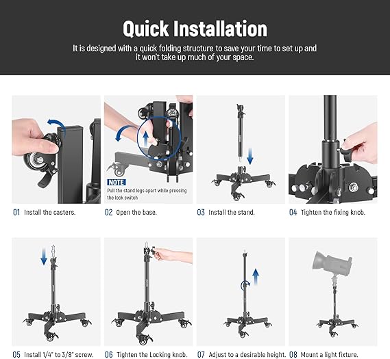 2 Heavy Duty Light Stands with Wheels, 2.4 Feet  Height