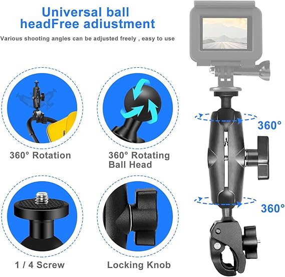 Motorcycle Mount for I-ns-ta360 One X3 / One X2 / One RS/One R/G-oP-ro H-e-ro, Double Ball Handlebar Mount for Action Camera (Black)