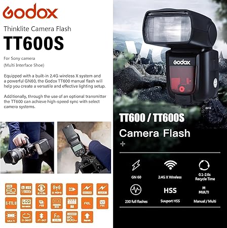 Godox TT600 2.4GHz Wireless GN60 Master/Slave Flash Speedlite for Canon Nikon Pentax Olympus Fujifilm DSLR Cameras black