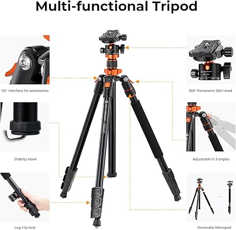 K&F Concept Compact Aluminum Camera Tripod with 360 Degree Ball Head and 8kgs Load for DSLR (78in)+ extension arm kit