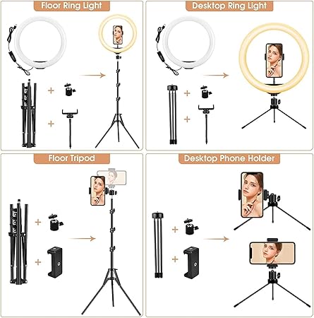 12 inch Ring Light with Floor Tripod and Desk Stand (Ring light Kit Totally 74