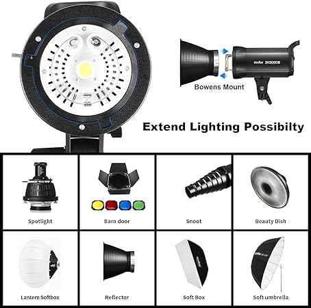 Godox SK300II-V 300Ws Photo Studio Strobe Flash Monolight Light with Bowens Mount &Lamp Head, 10W LED Modeling Lamp for Studio, Shooting, Location and Portrait Photography