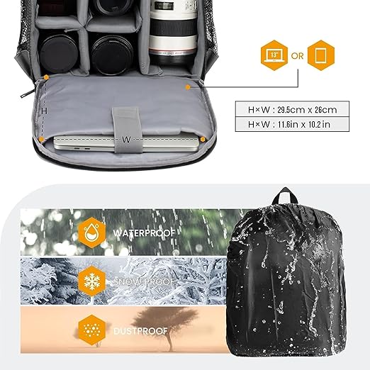 Odluzy Camera Bag Professional Camera Backpack with Rain Cover Waterproof Laptop Backpack Anti-Theft Camera Case Photography Backpack Case for Women Men Black, One Size