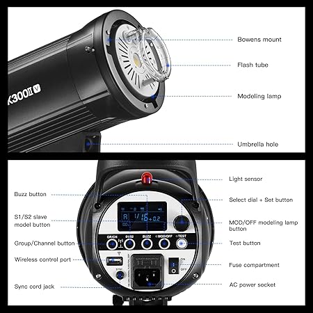 Godox SK300II-V 300Ws Photo Studio Strobe Flash Monolight Light with Bowens Mount &Lamp Head, 10W LED Modeling Lamp for Studio, Shooting, Location and Portrait Photography