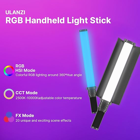 ULANZI VL360 Upgrade 38W RGB Handheld Light Wand LED Video Light Stick with Barndoor, 360°Full Color 2500K-10000K CRI94+ Photography Tube Lighting Stick with 20 Preset Scenes 3400mAh Battery