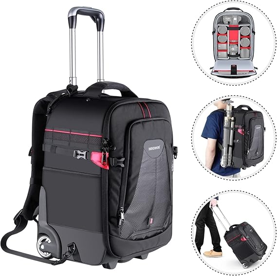 Neewer 2-in-1 Rolling Camera Backpack Trolley Case - Anti-Shock Detachable Padded Compartment, Hidden Pull Bar, Durable, Waterproof for Camera,Tripod,Flash Light,Lens,Laptop for Air Travelling(Black)