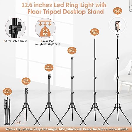 12 inch Ring Light with Floor Tripod and Desk Stand (Ring light Kit Totally 74