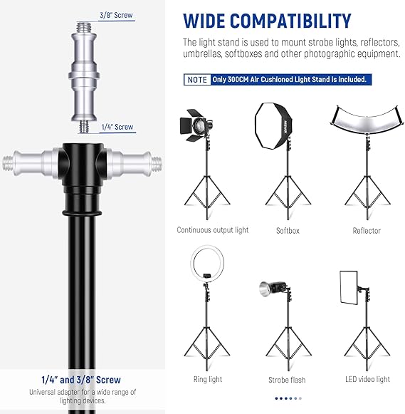 3m Air Cushioned Light Stand, Heavy Duty Metal Photography Tripod Stand