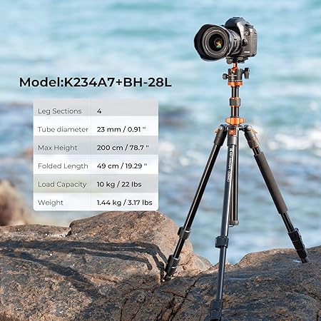 K&F Concept Compact Aluminum Camera Tripod with 360 Degree Ball Head and 8kgs Load for DSLR (78in)+ extension arm kit