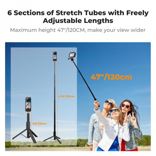 K&F Invisible Selfie Stick, Extension Long Pole（120cm）for Insta360 Camera GoPro DJI Action, 1/4