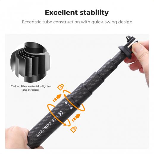 K&F Carbon fiber Invisible Selfie Stick, Extension  Long Pole（127cm for Insta360 Sports Camera GoPro DJI Action, 1/4