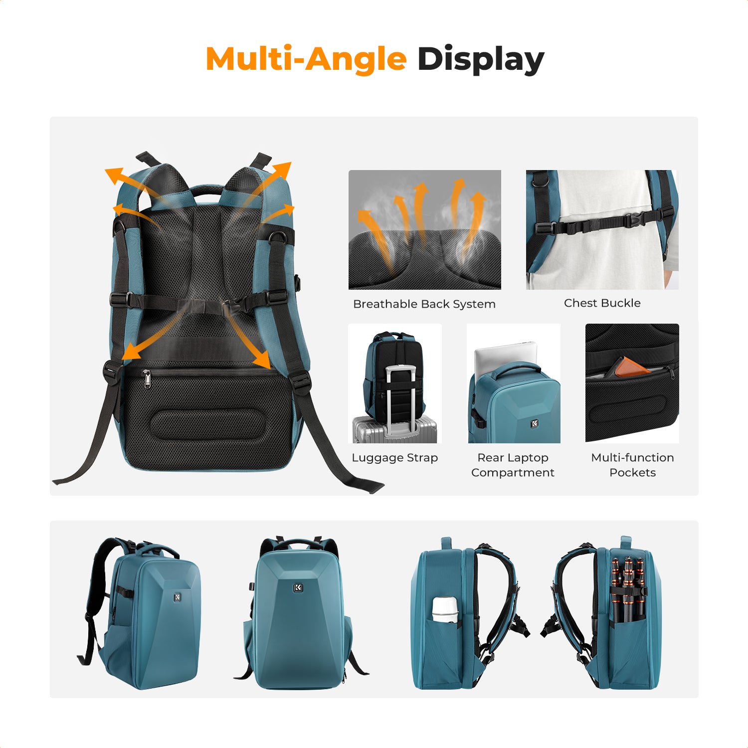 K&F Concept Camera Backpack,Hardshell Photography DSLR Camera Bag with 15-15.6 Inch Laptop Compartment Waterproof Hard Shell