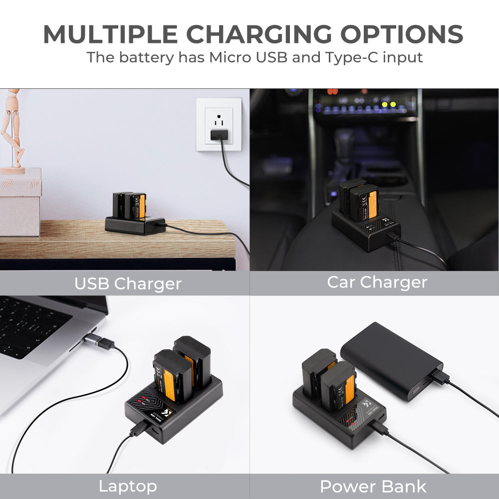 NP-FZ100 Battery Charger Set for Sony Alpha A7 III, A7R III (A7R3), A9, a6600, a7R IV, Alpha a9 II (2-Pack, Micro USB Port, 2280mAH)