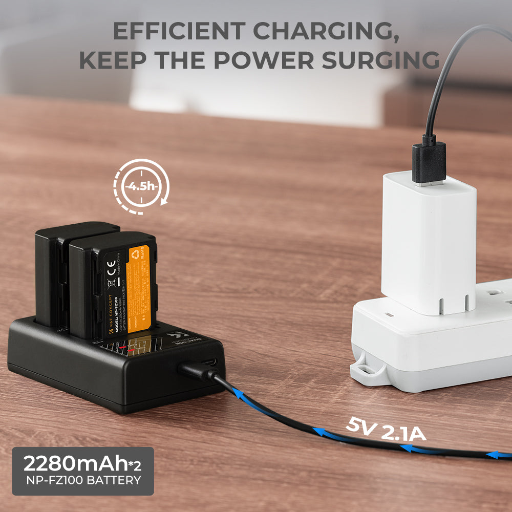 NP-FZ100 Battery Charger Set for Sony Alpha A7 III, A7R III (A7R3), A9, a6600, a7R IV, Alpha a9 II (2-Pack, Micro USB Port, 2280mAH)